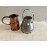 A large Victorian copper jug and an aluminium dairy bucket, larger height 40cm