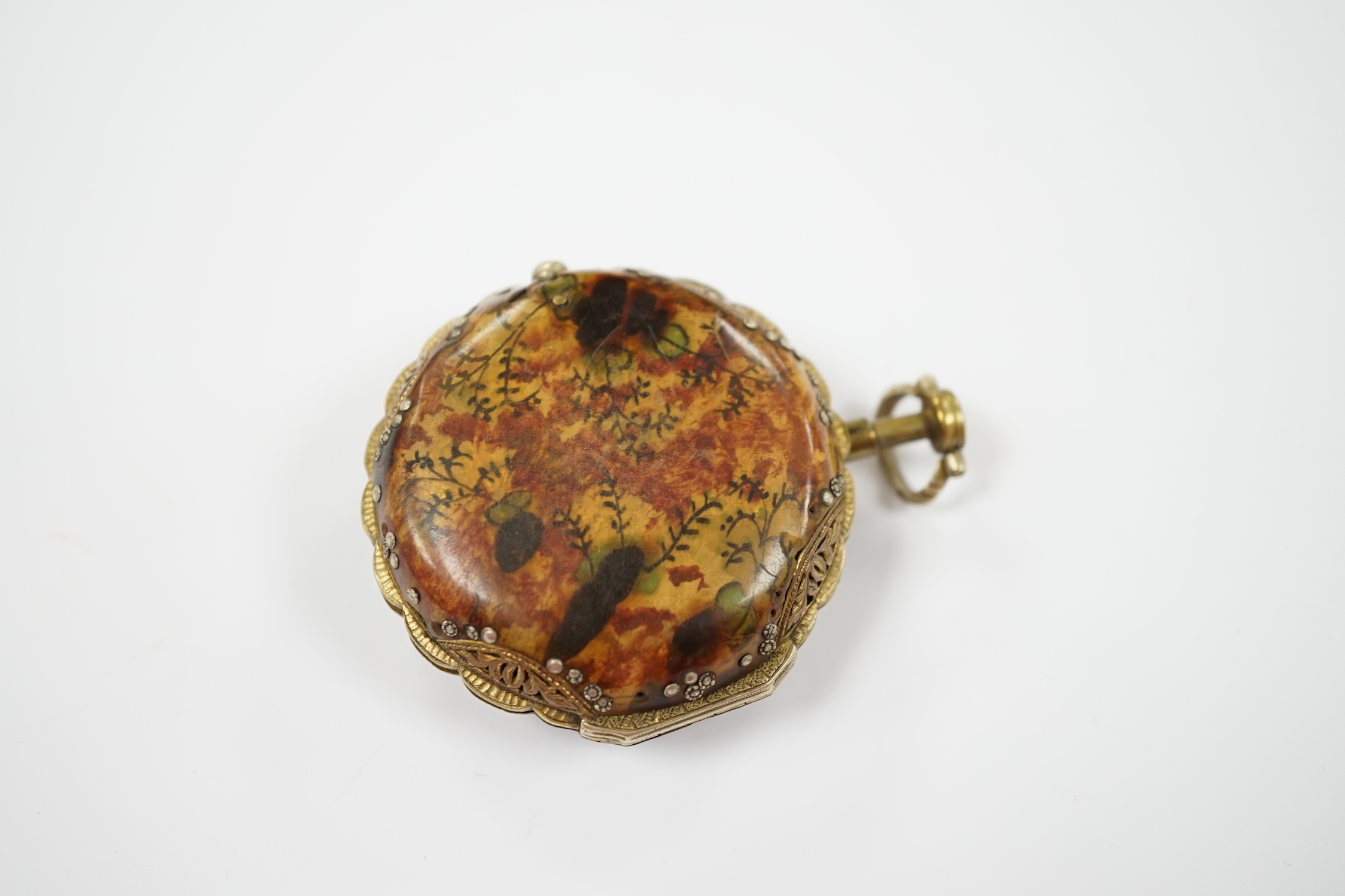 A late 18th century gilt metal and painted tortoiseshell mounted pair cased repeating pocket - Image 5 of 5