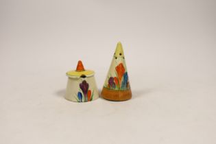 A Clarice Cliff crocus pattern mustard pot and pepper pot, largest 8cm high