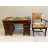 A late Victorian mahogany pedestal desk, width 121cm, depth 61cm, height 77cm together with a