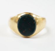 An 18ct gold and single stone oval bloodstone set signet ring, size Z+++++, gross weight 9.7 grams.