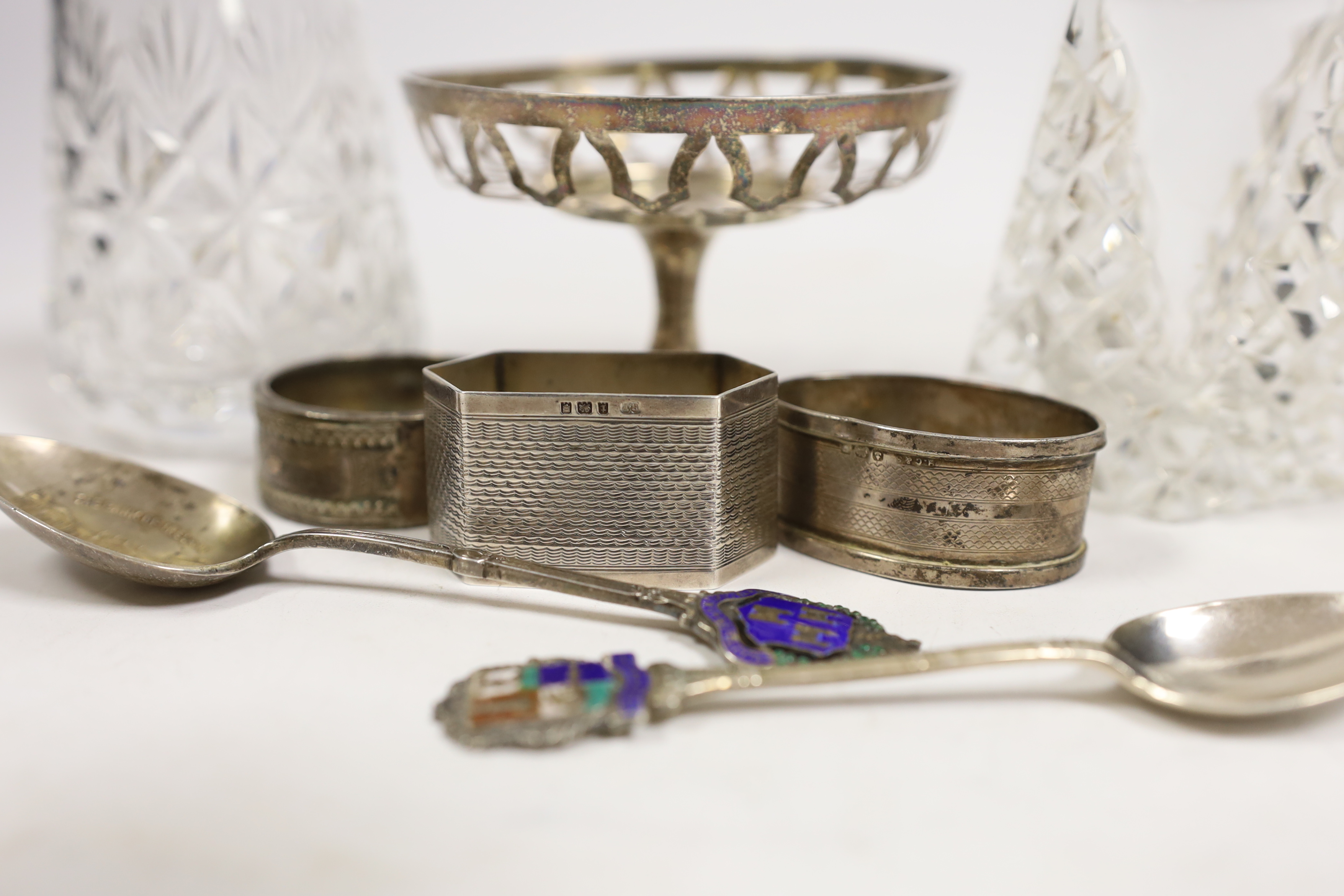 A group of small silver including two mounted glass sugar sifters, three assorted napkin rings, - Image 2 of 4