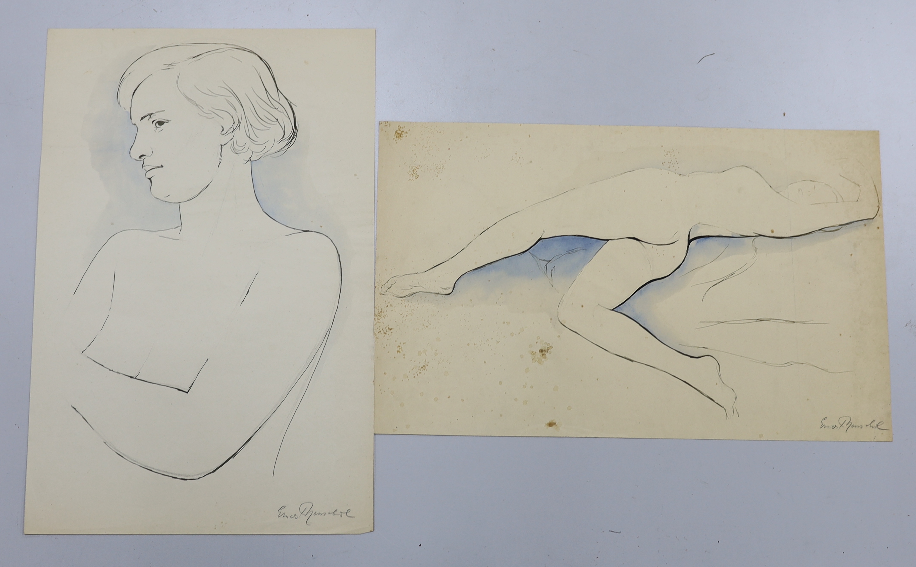 Two mid 20th century ink and washes on paper, figural sketches, nude study and portrait of a lady,