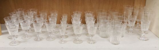 Collection of vintage glasses including set of seven tumblers