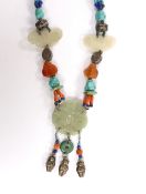 A Chinese jade and hardstone mounted necklace, in Kai Yin Lo style, including turquoise, coral and