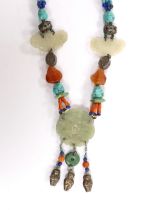 A Chinese jade and hardstone mounted necklace, in Kai Yin Lo style, including turquoise, coral and