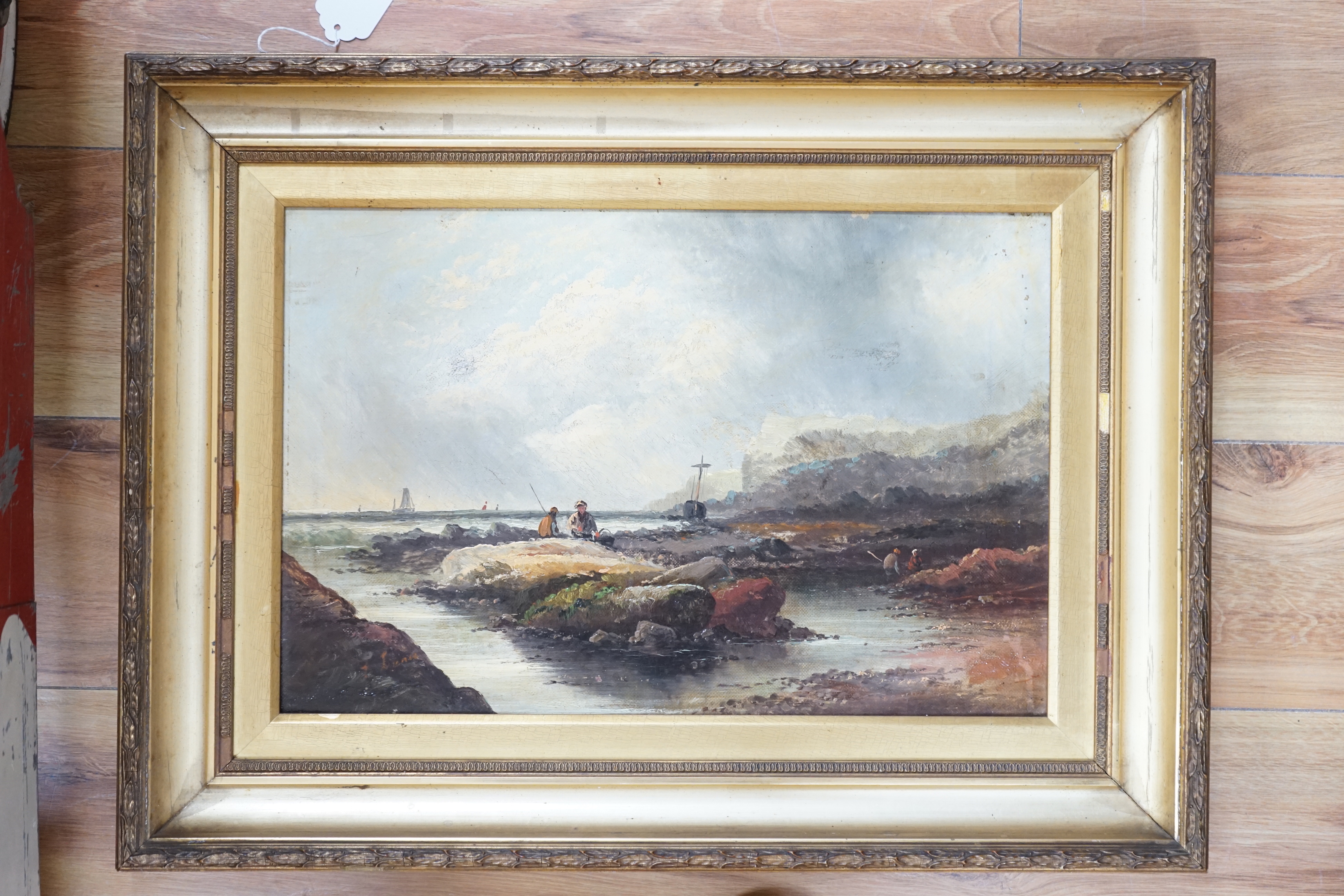 Late 19th/early 20th century school, oil on canvas, Coastal scene with figures collecting shellfish, - Image 2 of 6