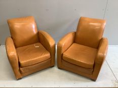 A pair of tan leather club armchairs width 76cm, depth 77cm, height 78cm.