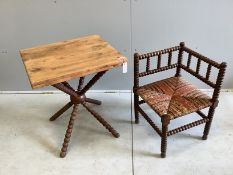 A late Victorian beech bobbin turned corner chair together with a bobbin turned occasional table