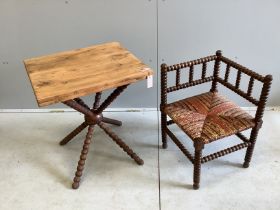 A late Victorian beech bobbin turned corner chair together with a bobbin turned occasional table