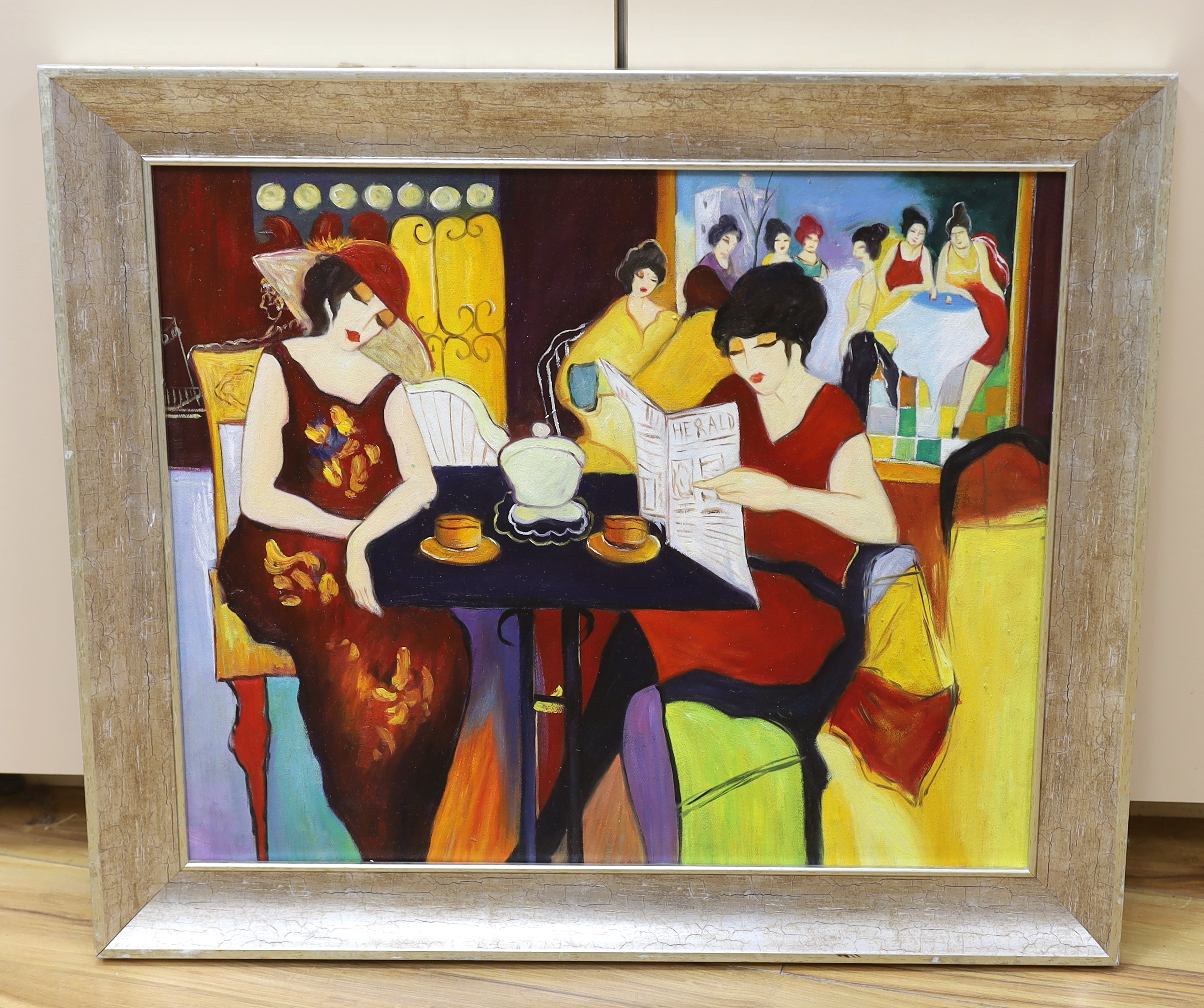 Manner of Tarkay Itzchak (Israeli, 1935-2012), oil on board, Café scene with seated females, 45 x - Image 2 of 3