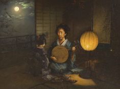 19th century English School, oil on canvas, Japanese interior with women, one playing a Biwa, pencil
