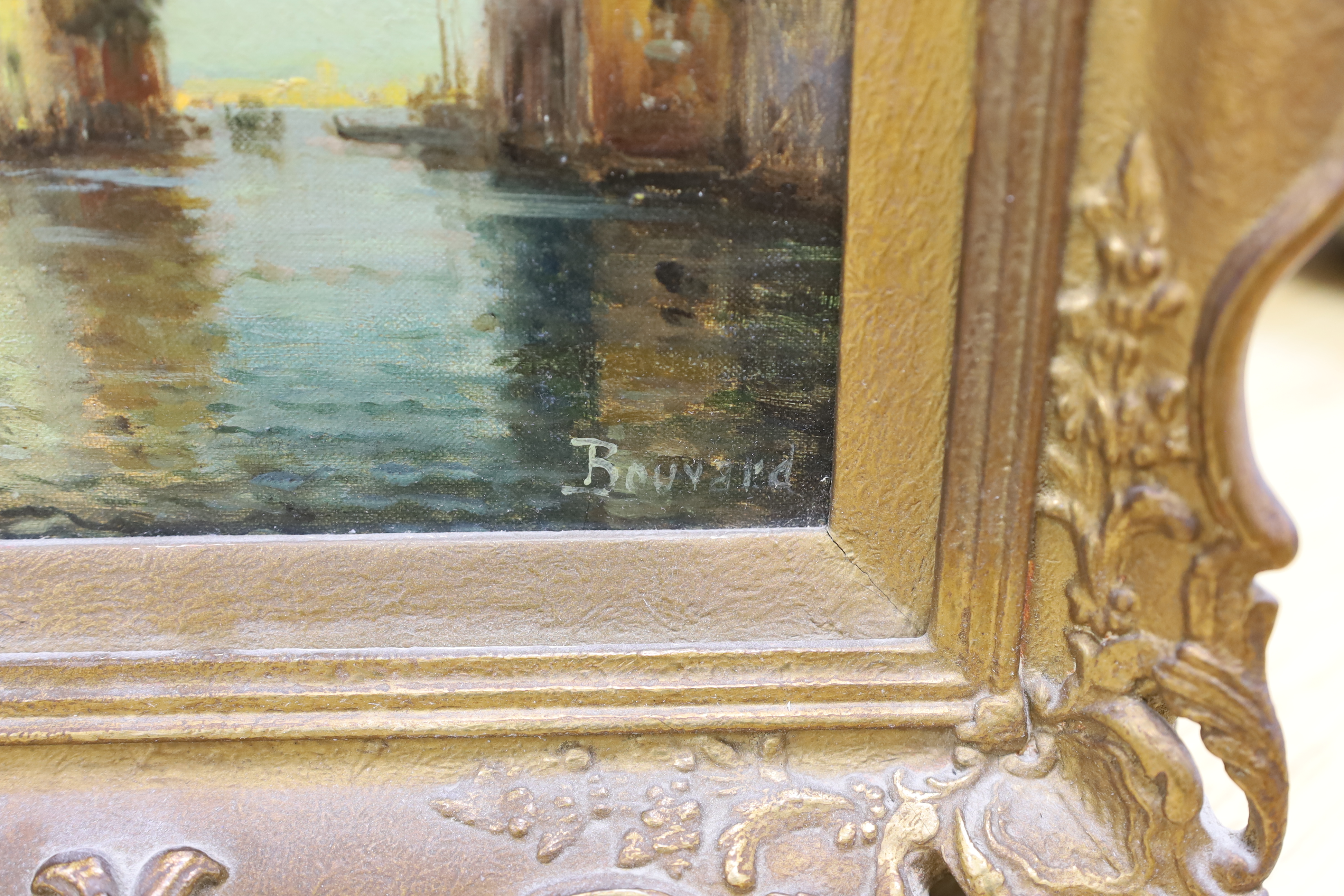 Bouvard, oil on canvas, Venetian canal, signed, details and stencil ‘GA993’ verso, 26 x 20cm, ornate - Image 3 of 4