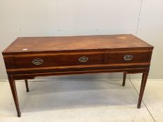 A 19th century satinwood banded mahogany secretaire writing table converted from a square piano,