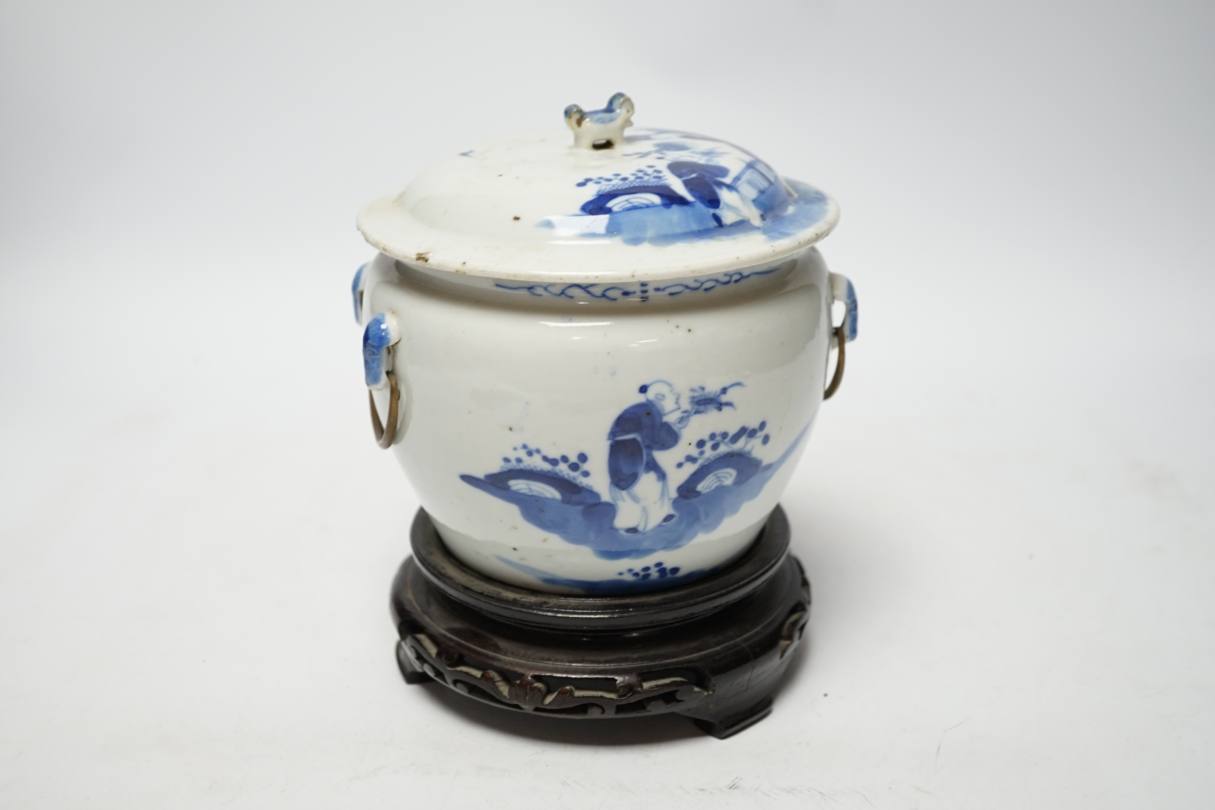 A Chinese Straits blue and white bowl and cover, kamcheng, late 19th century, with twin handles, - Image 3 of 7