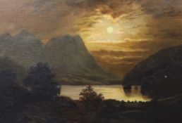 Victorian School, oil on canvas, Moonlit lakeside landscape, unsigned, 42 x 62cm, ornate gilt
