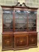 A Sheraton Revival mahogany and marquetry inlaid breakfront library bookcase, width 205cm, depth