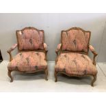 A pair of Louis XVI style beech armchairs, width 70cm, depth 58cm, height 91cm