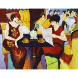 Manner of Tarkay Itzchak (Israeli, 1935-2012), oil on board, Café scene with seated females, 45 x