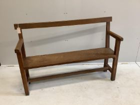 A 19th century French oak bench seat, width 130cm, depth 34cm, height 85cm