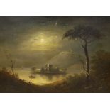 Victorian School, oil on canvas, Moonlit view of a moated castle, 52 x 75cm