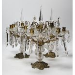 Three table lustre four branch candelabra, possibly French, 38cm high