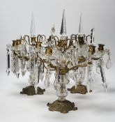 Three table lustre four branch candelabra, possibly French, 38cm high