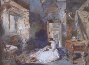 19th century English School, watercolour, Swiss cottage interior with a seated girl repairing a rug,