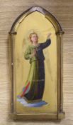 Oil on gilt panel, Heralding angel, housed in a Gothic arched gilt frame, 25 x 10cm