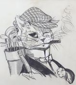 After Louis Wain (1860-1939), ink sketch, Comical study of a cat smoking, bears signature, 21 x