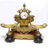 A Victorian gilt painted spelter mantel clock garniture, (dome missing) clock 43cm high