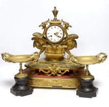 A Victorian gilt painted spelter mantel clock garniture, (dome missing) clock 43cm high