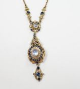 A 19th century Austro Hungarian, gilt white metal, moonstone, split pearl and gem set drop pendant