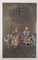 Indian Mughal style, watercolour, Procession of figures with camel and elephant, 33 x 20cm