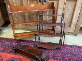 A Victorian mahogany serpentine four tier wall bracket, an Edwardian style inlaid yew wall bracket