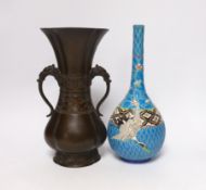 A 19th century Japanese bronze flower vase, with a Japanese enamelled pottery bottle, Meiji, tallest