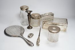 Sundry small silver including a silver mounted cigarette box, four assorted mounted glass toilet