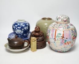 A famille rose Chinese jar and cover, a hardstone seal, together with various mixed Chinese and