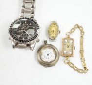 A lady's 1920's 9ct gold rectangular dial manual wind wrist watch, on a rolled gold bracelet, a