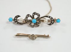 A Victorian yellow metal turquoise and rose cut diamond set bar brooch, 47mm and a simulated diamond