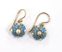A pair of Victorian yellow metal and blue enamel drop earrings, set with diamond chips and split