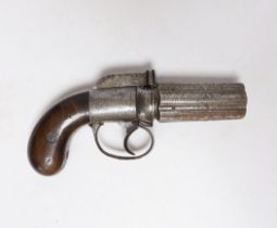 A mid-19th century six shot self-cocking percussion pepper box revolver, with foliate engraved