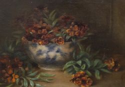English School, oil on canvas, Still life of flowers in a bowl, indistinctly signed with monogram,