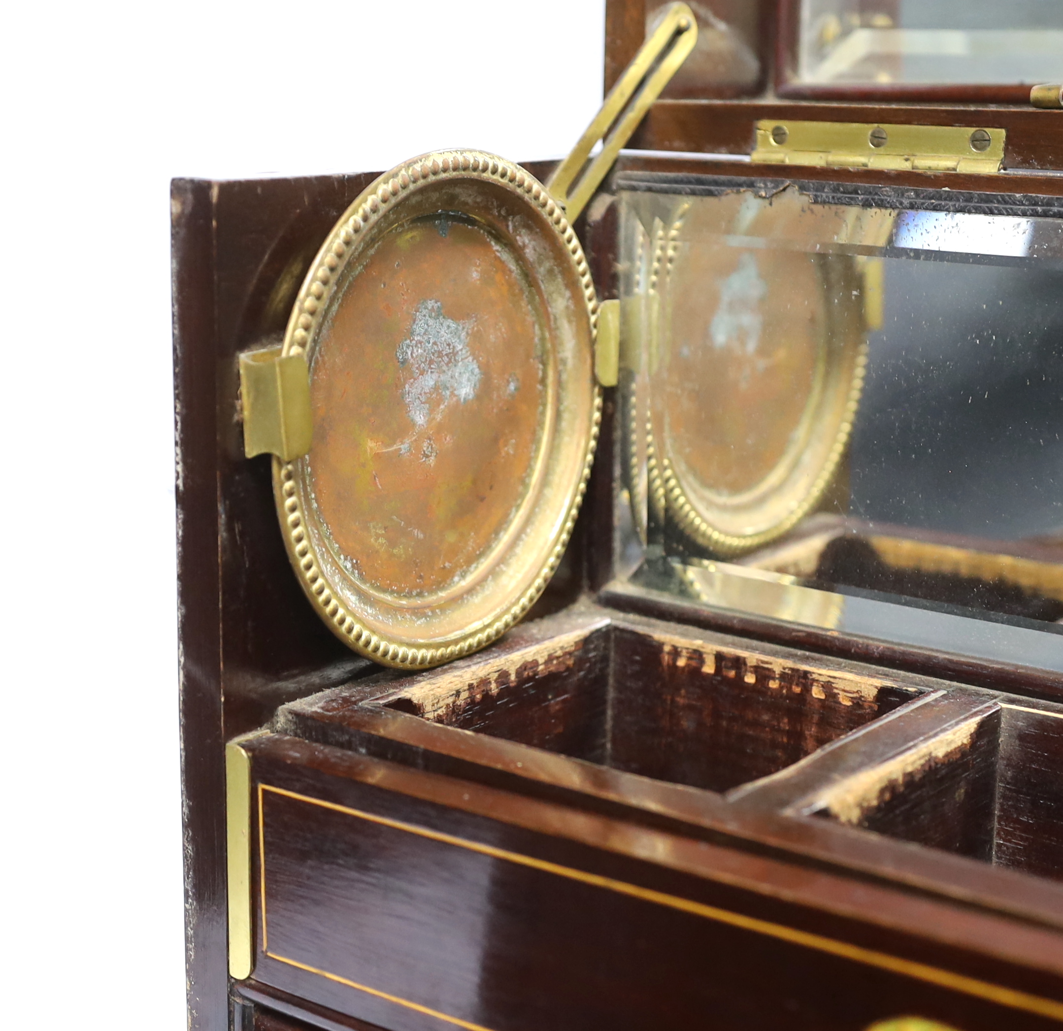 An Edwardian Sheraton revival inlaid mahogany portable drinks cabinet with tantalus and other - Image 4 of 6