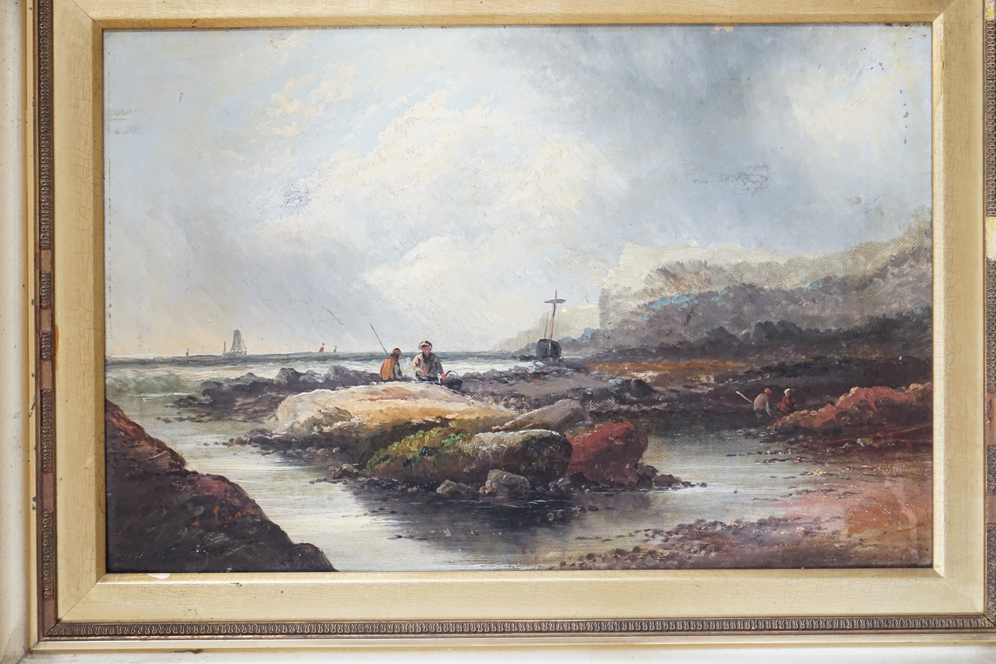Late 19th/early 20th century school, oil on canvas, Coastal scene with figures collecting shellfish, - Image 3 of 6