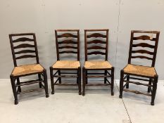 A set of four 18th century rush seat, ladder back dining chairs, width 46cm, depth 38cm, height