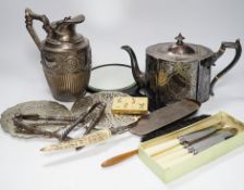 Assorted plated wares, including flatware, teapot etc.