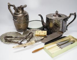 Assorted plated wares, including flatware, teapot etc.