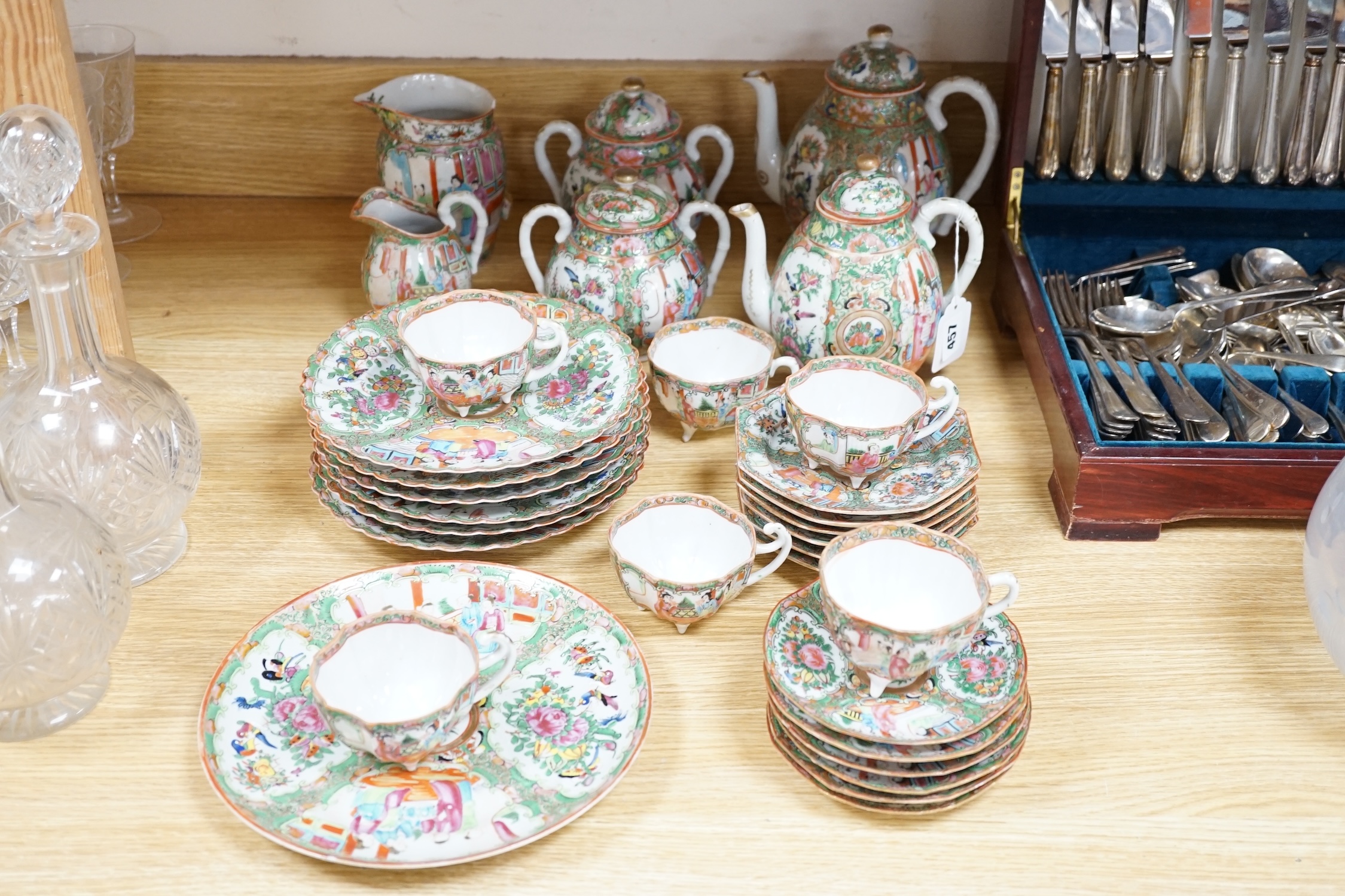 A Chinese famille rose six place setting tea service, including a large tea pot and cover, a smaller - Image 2 of 6