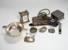A group of small silver including a late Victorian carriage timepiece with later movement?,